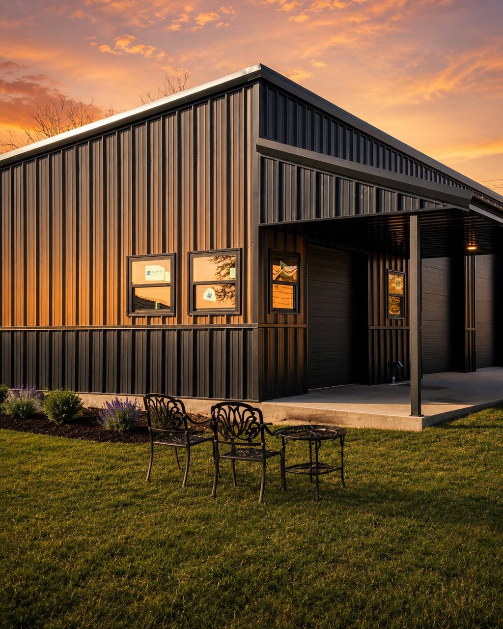 Texas Quality barndominium at sunset with covered entry